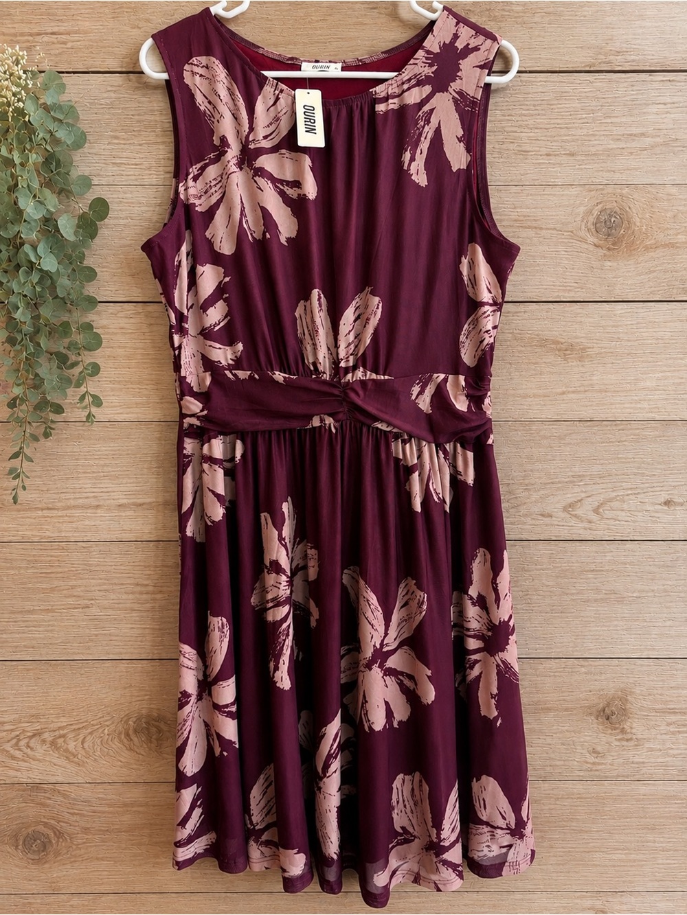 NWT OURIN XL Burgundy Mauve Floral Sleeveless Twist Waist Midi Dress
